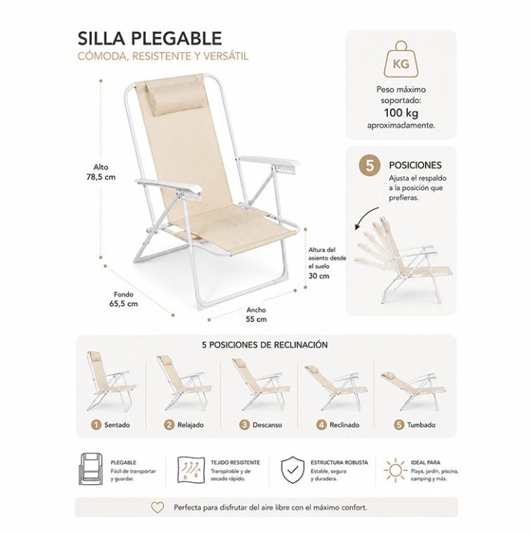 SILLA PLAYA RECLINABLE 5 POSICIONES VARIOS COLORES - Imagen 3